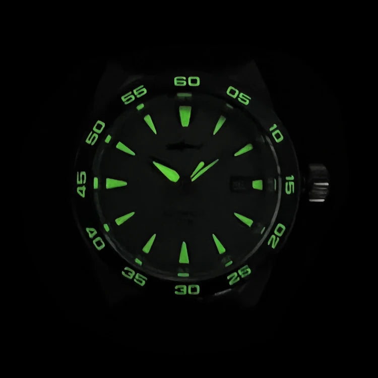 NorthChrono sports watch with a glowing black dial featuring luminous green hour and minute hands, hour markers, and water resistance indicators, set against a dark background. No visible strap detail.