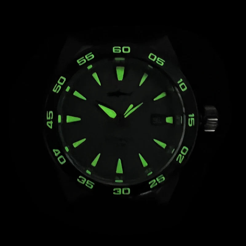 NorthChrono sports watch with a luminescent green-glow dial featuring hour and minute markers and a date display, set against a dark background, ideal for low-light conditions.