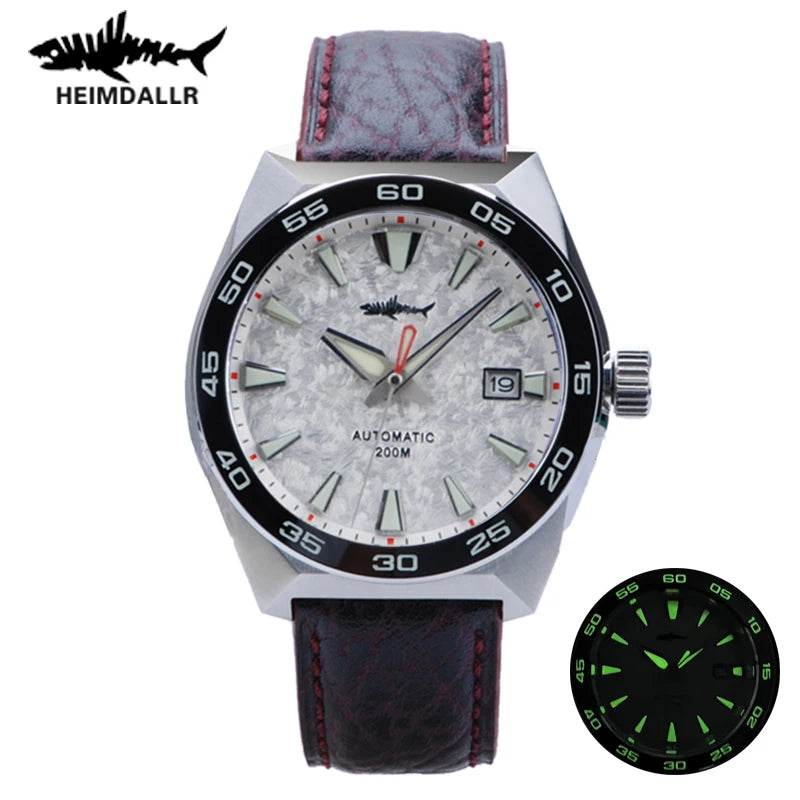 NorthChrono Heimdallr wristwatch with a silver-toned textured dial, luminous hour markers, and hands, red second hand, date display, water-resistant to 200 meters. Dark leather strap with red stitching, small glowing version in the corner shows low-light features.