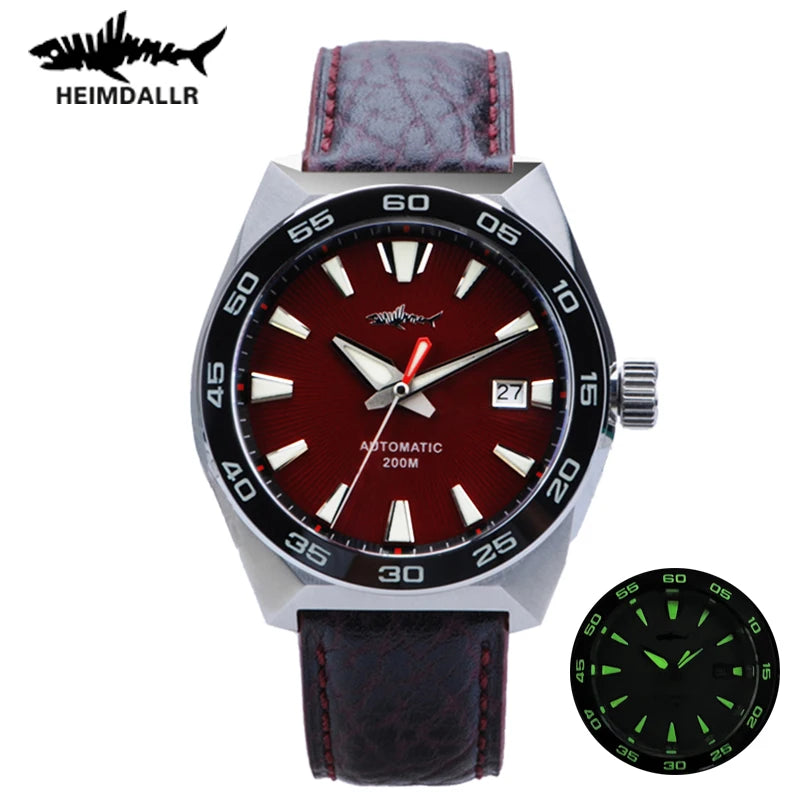 NorthChrono red dial watch by HEIMDALLR featuring silver hour markers, luminous hands, date window at 3 o'clock, stainless steel case, and leather strap, with inset showing glowing dial details.