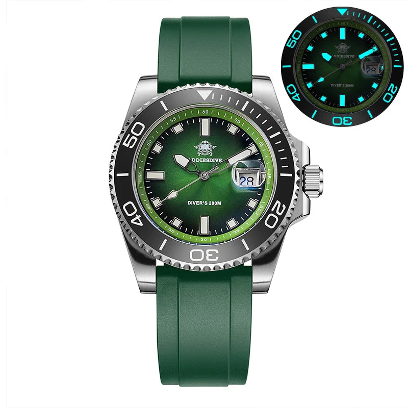 NorthChrono diver's watch with a green dial, green rubber strap, stainless steel bezel with minute and second markings, and a date display at 3 o'clock. Rated for diving up to 200 meters, with inset highlighting luminescent features.