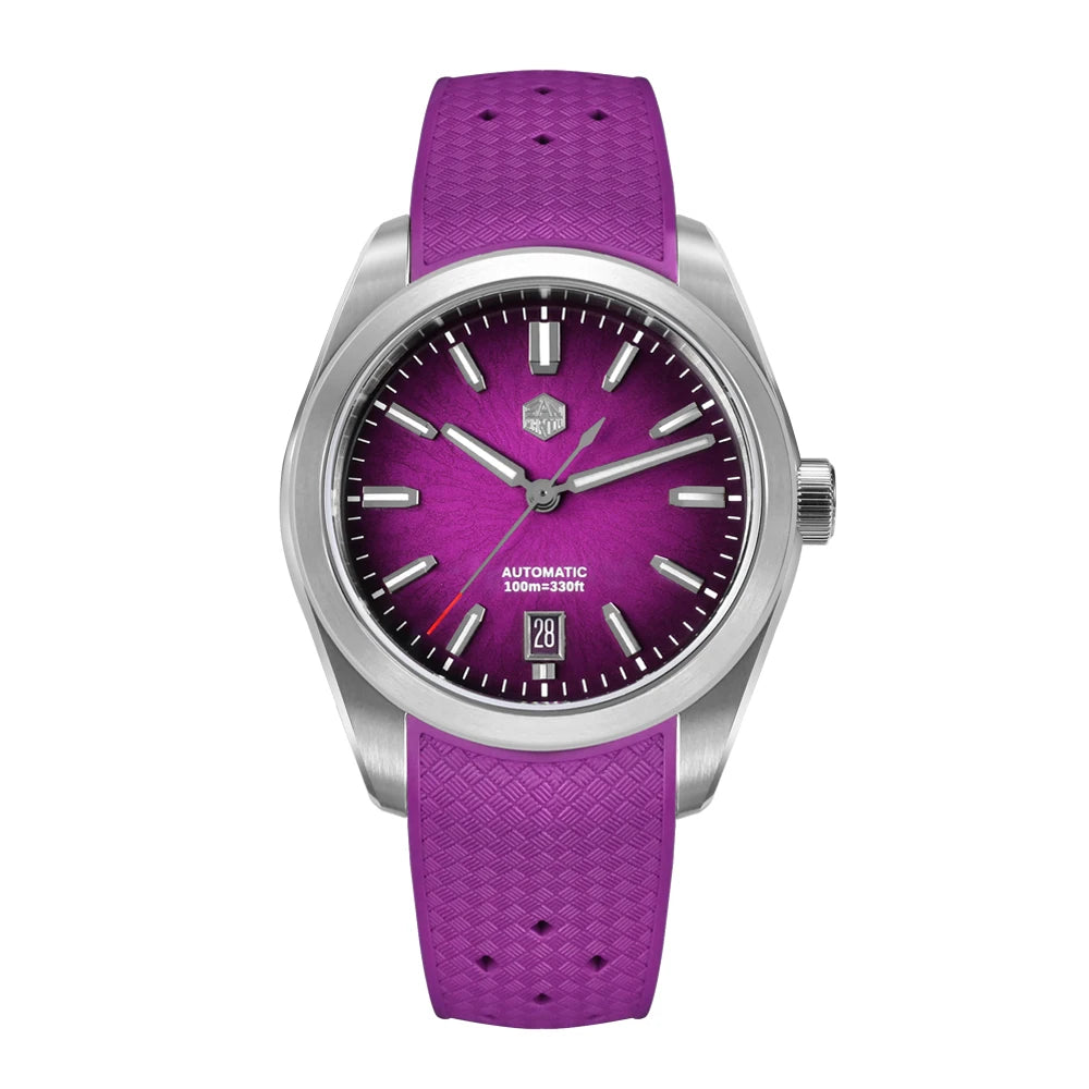 NorthChrono automatic watch features a vibrant purple dial with a date function and a stainless steel case. It has a matching purple rubber strap and is water-resistant up to 100 meters, combining sporty and stylish elements.