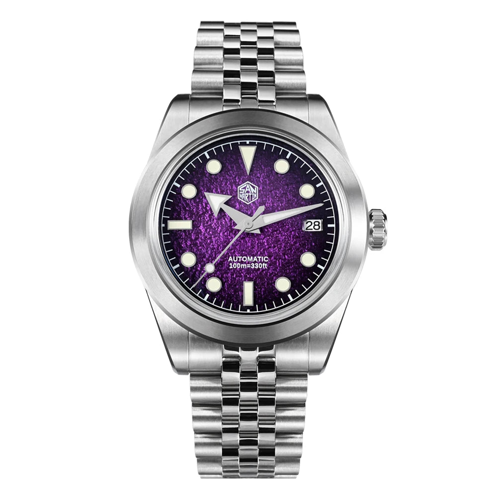 NorthChrono automatic watch with a metallic silver case and bracelet, featuring a vibrant purple dial, luminous hour markers and hands, a date window at 3 o'clock, and 100-meter water resistance.