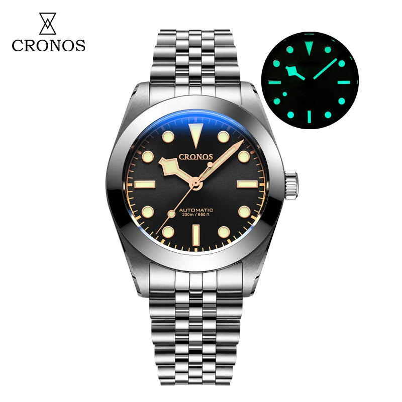 NorthChrono CRONOS automatic watch with a black dial, gold-toned hour markers and hands, stainless steel round case, and bracelet, water-resistant to 200 meters, featuring an inset image showing illuminated night visibility.