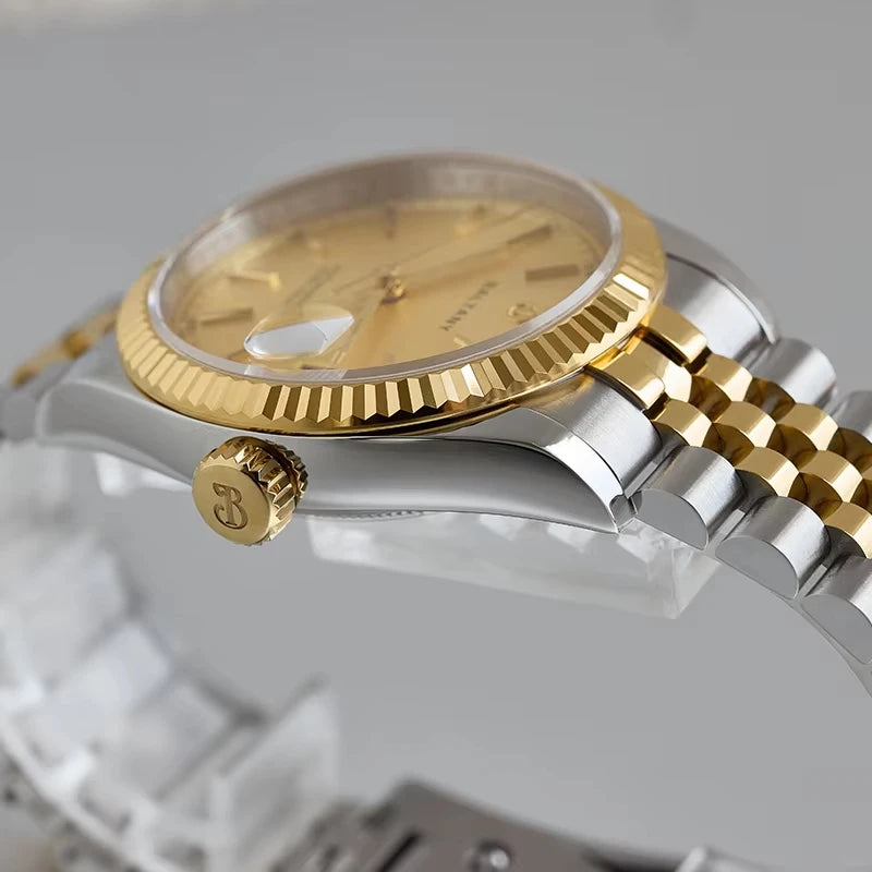 NorthChrono luxury watch featuring a two-tone design with a gold dial, fluted bezel, and alternating gold and silver link bracelet. Includes a date window at the 3 o'clock position, emphasizing an elegant and sophisticated style.