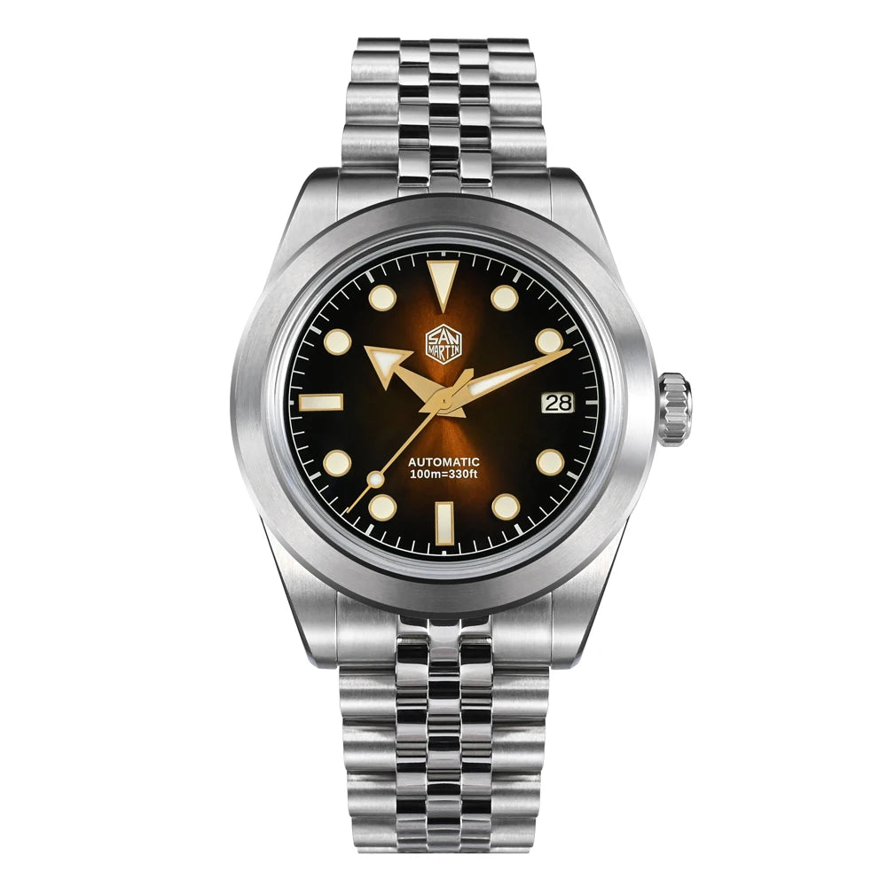 NorthChrono stainless steel automatic watch with a dark brown dial, luminous hour markers and hands, date display at three o'clock, and a metal bracelet, water-resistant up to 100 meters.