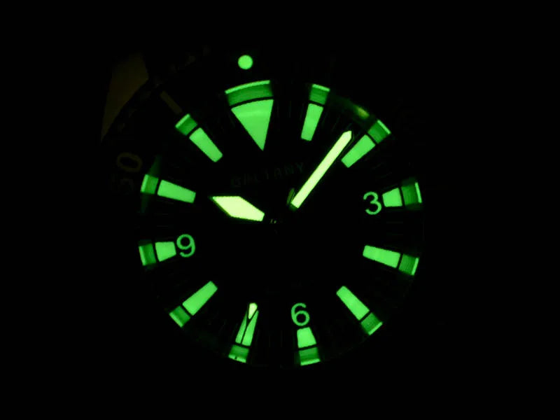 NorthChrono luminous watch with a glowing black dial featuring green luminescent hands and markers, visible numbers, and a sturdy stainless steel case. Perfect for low-light conditions, showcased with cinematic sidelight.
