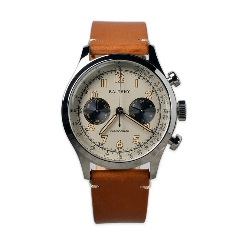 NorthChrono chronograph watch features a round silver case, cream-colored dial with blue sub-dials, Arabic numeral hour markers, and a light brown leather strap. The brand name "Baltany" is displayed prominently at the top of the dial.