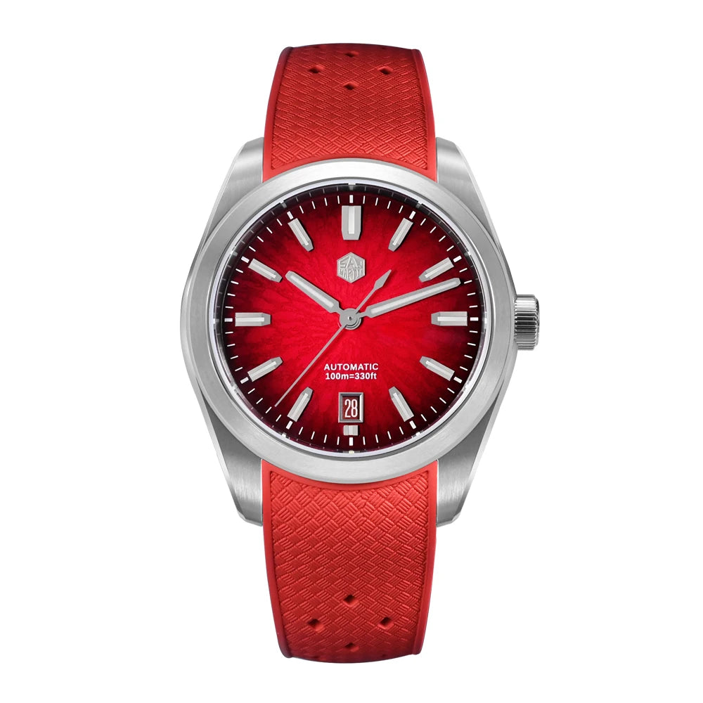 NorthChrono automatic watch featuring a striking red dial with silver-tone hour markers, a date display, and a textured bright red rubber strap. The metallic case offers a water resistance of 100 meters.