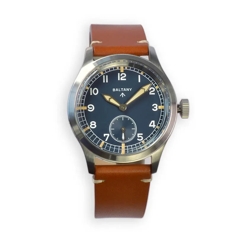 NorthChrono stainless steel aviation-style watch with a dark blue dial, white hour markers, gold-tone hands, and a sub-dial, paired with a brown leather strap, showcasing the brand name "BALTANY" above the center.