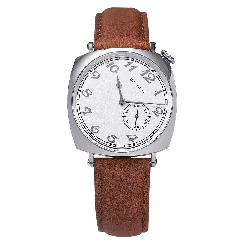 NorthChrono wristwatch featuring a square silver case and a round white dial with large black numerals, two hands, and a sub-dial for seconds. The watch is complemented by a brown leather strap.