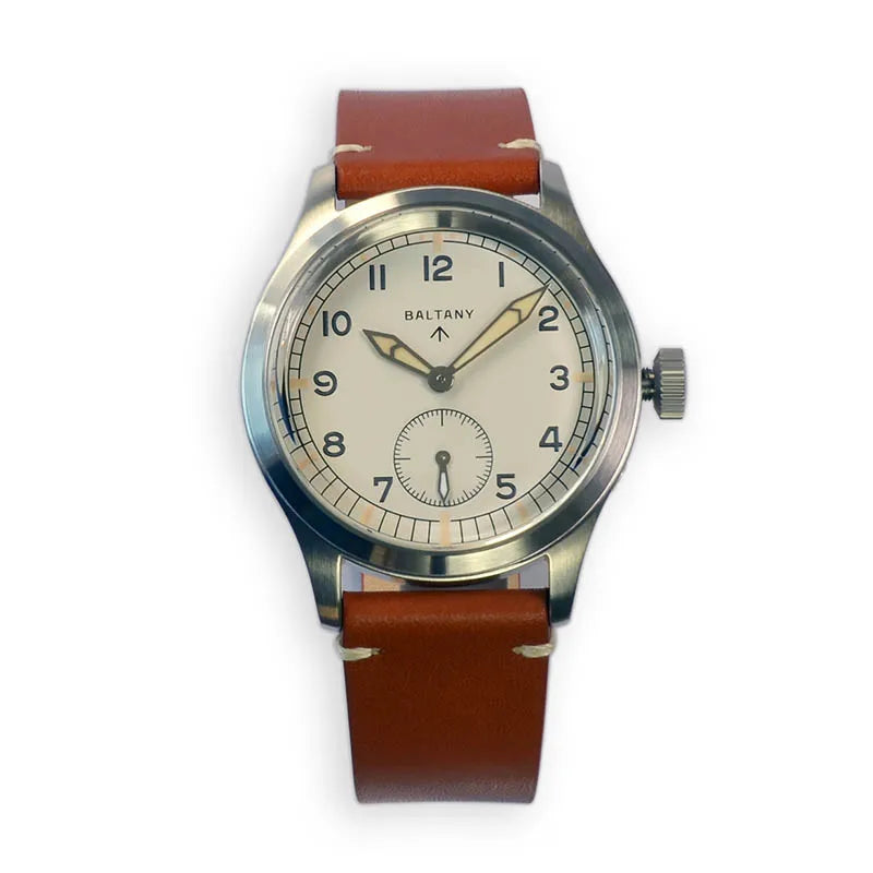NorthChrono vintage-inspired watch featuring a cream-colored dial with black Arabic numerals and a sub-dial, set in a stainless steel case, complemented by a brown leather strap. Brand name "BALTANY" displayed prominently on the dial.