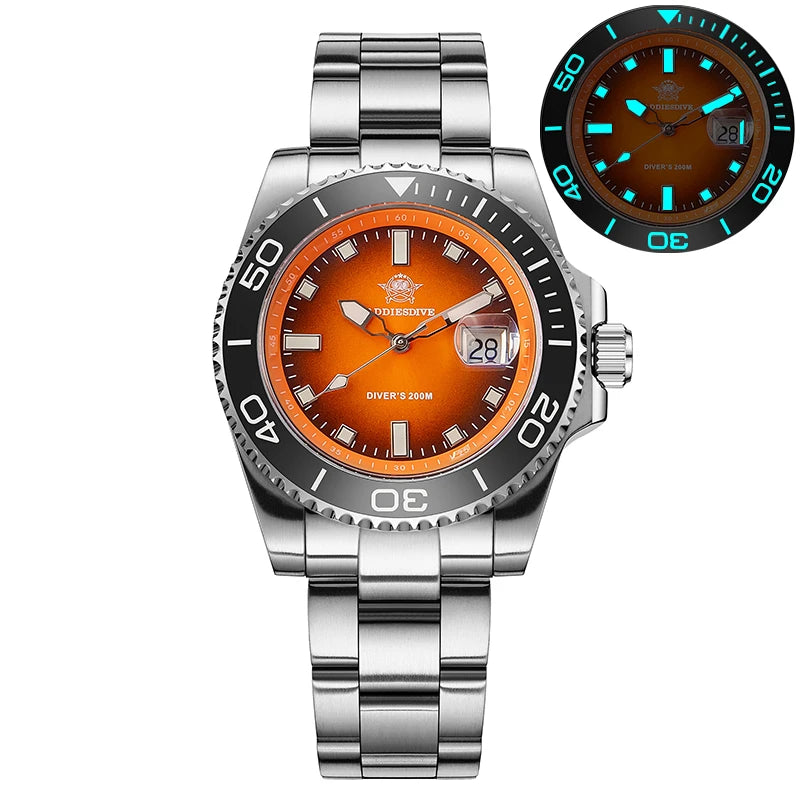 NorthChrono stainless steel diver's watch with an orange dial, luminous hands, and a date display. Features a rotating bezel and "DIVERS 200M" label for water resistance up to 200 meters.