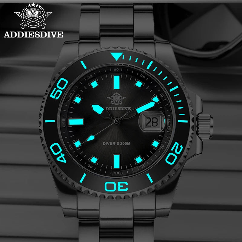 NorthChrono diver's watch with a black dial showcasing luminous blue details, a rotating bezel with depth markings, date display at 3 o'clock, luminous hands, and "DIVER'S 200M" label. Brand logo "ADDIESDIVE" visible, designed for underwater use.
