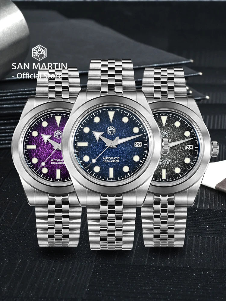 NorthChrono three SAN MARTIN wristwatches with purple, blue, and black dials, featuring stainless steel cases and bracelets, luminous markers, and date functions, displayed side by side.