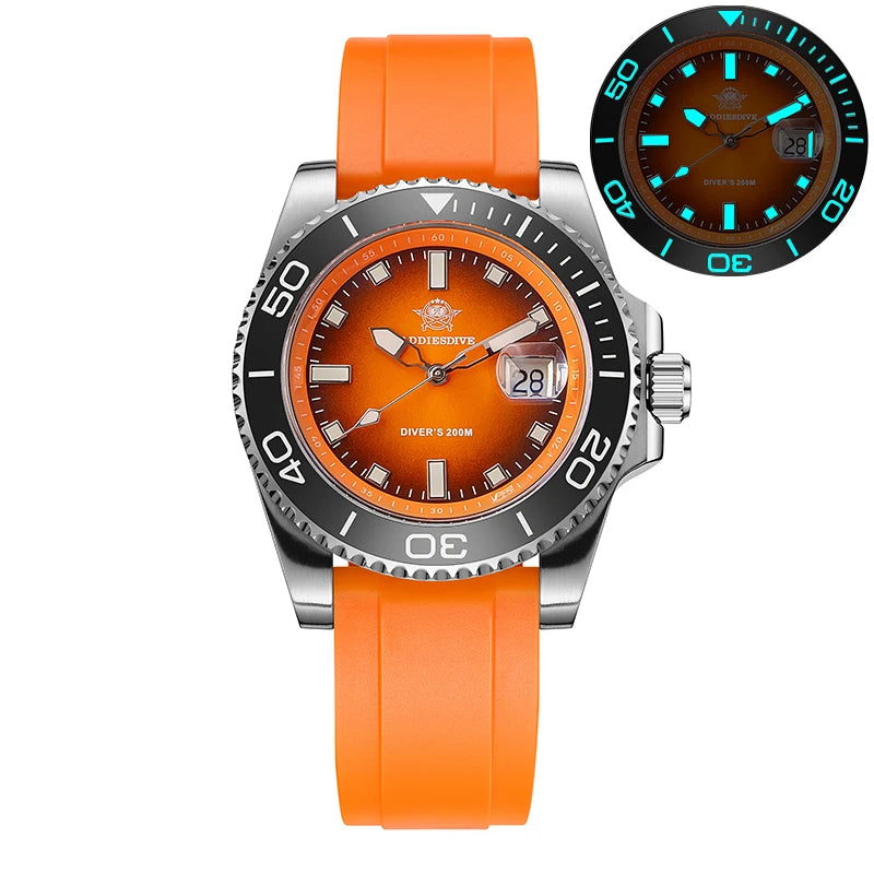 NorthChrono diver's watch with an orange silicone strap, round dial featuring an orange face, date display, and rotating bezel with markers. Water-resistant up to 200 meters with illuminated features in blue under different lighting.
