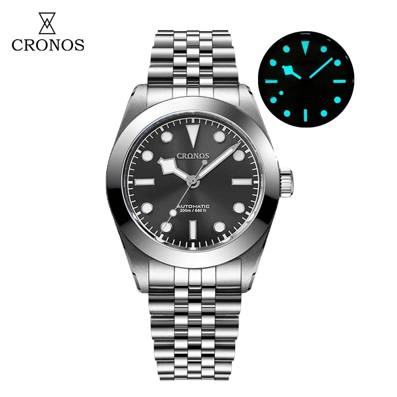 NorthChrono automatic watch featuring a black dial with round markers, date indicator, and luminous hands. It has a stainless steel bracelet and is water-resistant up to 200 meters.