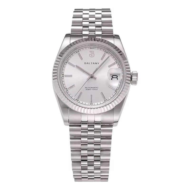 NorthChrono silver automatic watch with a smooth silver dial, date display at 3 o'clock, fluted bezel, and stainless steel bracelet, featuring the brand name "BALTANY" and water resistance details.