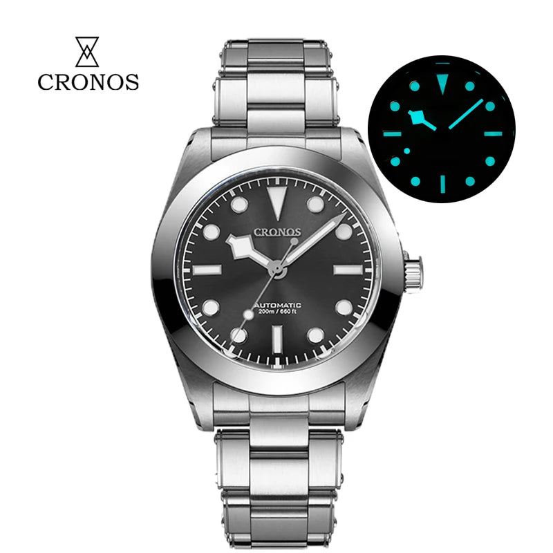 NorthChrono automatic wristwatch featuring a black dial with silver hour markers and hands, stainless steel band, water resistance of 200m, and an inset showing luminous details in low light.