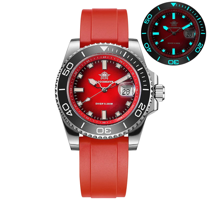 NorthChrono diver's watch with a vibrant red dial, stainless steel case, rubber strap, and date window. Features a rotating bezel for diving and an inset image showing the watch's illumination for low-light visibility, rated for 200 meters.