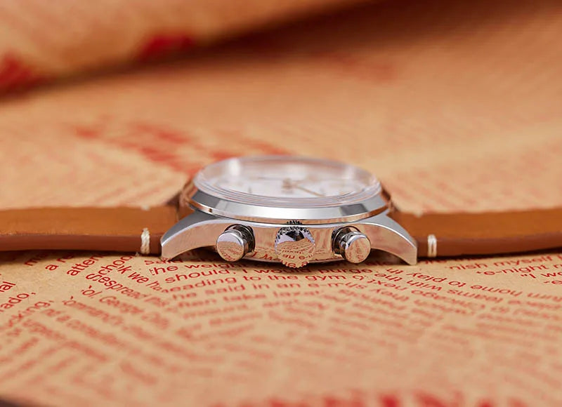 Baltany S5034 white panda dial chronograph, black strap top-down view