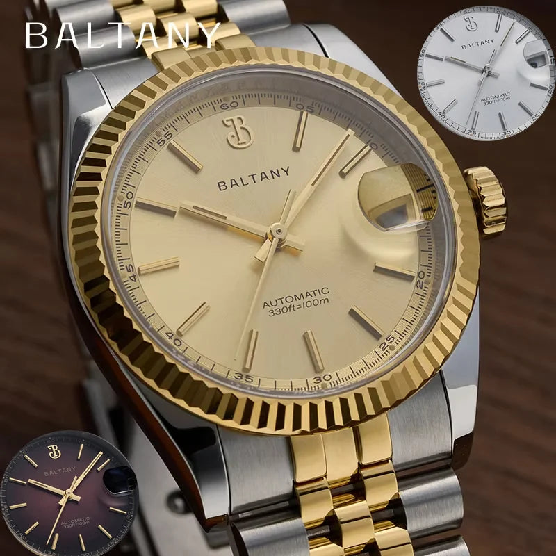 NorthChrono luxury watch by Baltany featuring a gold and silver design, light yellow dial with date window at 3 o'clock, automatic movement, and water resistance up to 100 meters. Additional models shown with white and dark dials.