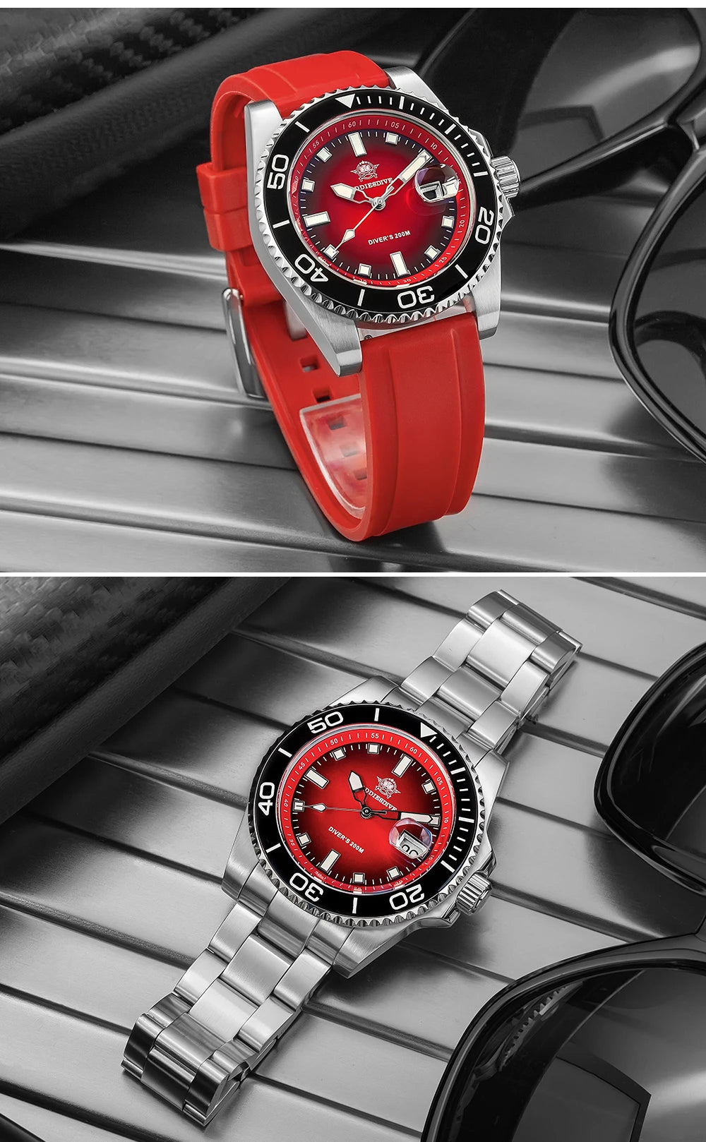 NorthChrono features two diving-style watches with red dials. The top watch has a red silicone strap, while the bottom watch is paired with a metallic silver bracelet. The background showcases textured surfaces, adding a sporty feel.