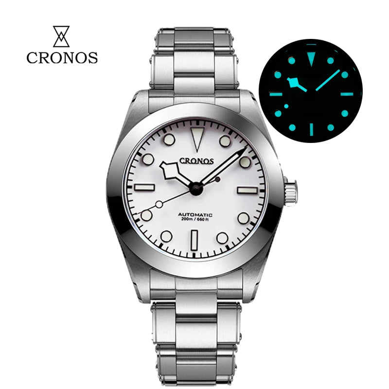 NorthChrono automatic watch with a white dial featuring large hour markers and hands, polished silver stainless steel round case, 200-meter water resistance, and a polished steel bracelet, with an inset showing luminous functions.