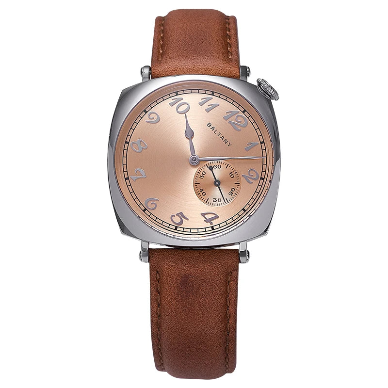 NorthChrono square silver case watch features a bronze dial with large Arabic numerals, two hands, and a sub-dial for seconds. It is complemented by a brown leather strap, ideal for casual or formal wear.