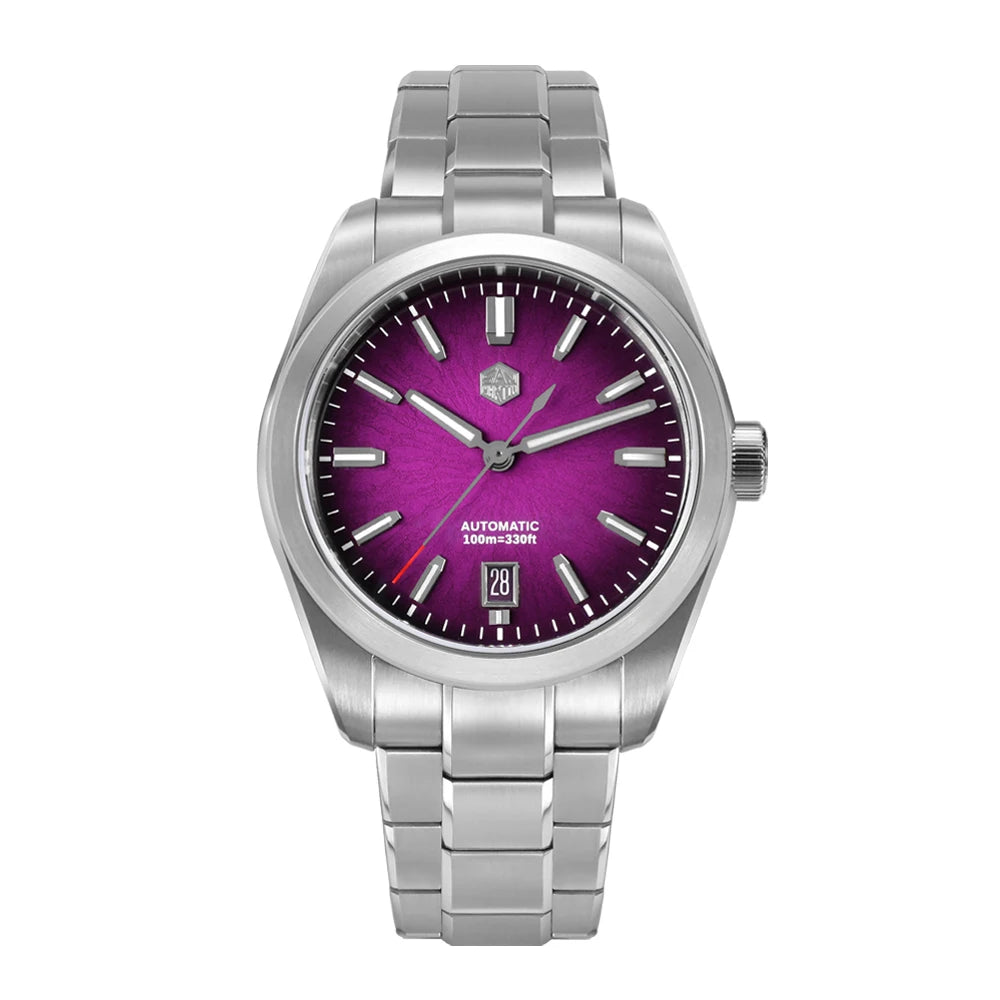 NorthChrono automatic watch featuring a purple dial, silver stainless steel case and bracelet, 100 meters water resistance, and a date display. Hour markers and hands are designed for easy readability.
