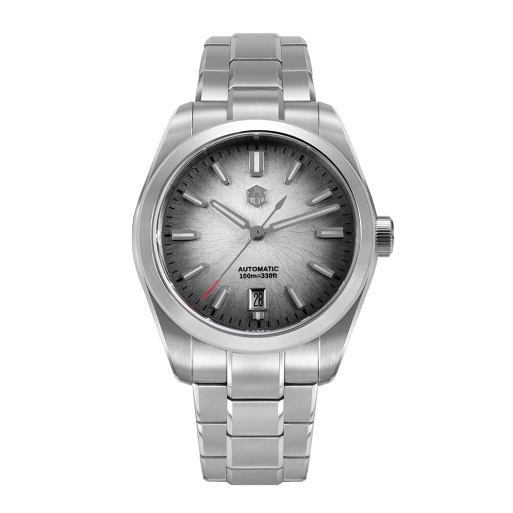 NorthChrono silver automatic wristwatch with a gray dial featuring hour markers, luminous hands, and a date window at 6 o'clock. It has a stainless steel band and is water-resistant up to 100 meters.