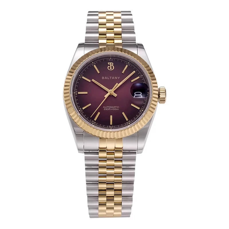 NorthChrono two-tone watch featuring a dark purple dial with gold-tone hour markers and hands, date display at 3 o'clock, fluted gold bezel, and a silver and gold metal bracelet. Brand name "BALTANY" is prominently displayed on the dial.