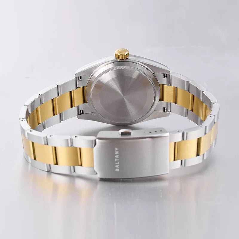 NorthChrono elegant two-tone wristwatch featuring a round case, stainless steel bracelet with alternating silver and gold links, and a gold crown. The smooth metallic caseback is contrasted by a metallic clasp marked with "BALTANY.