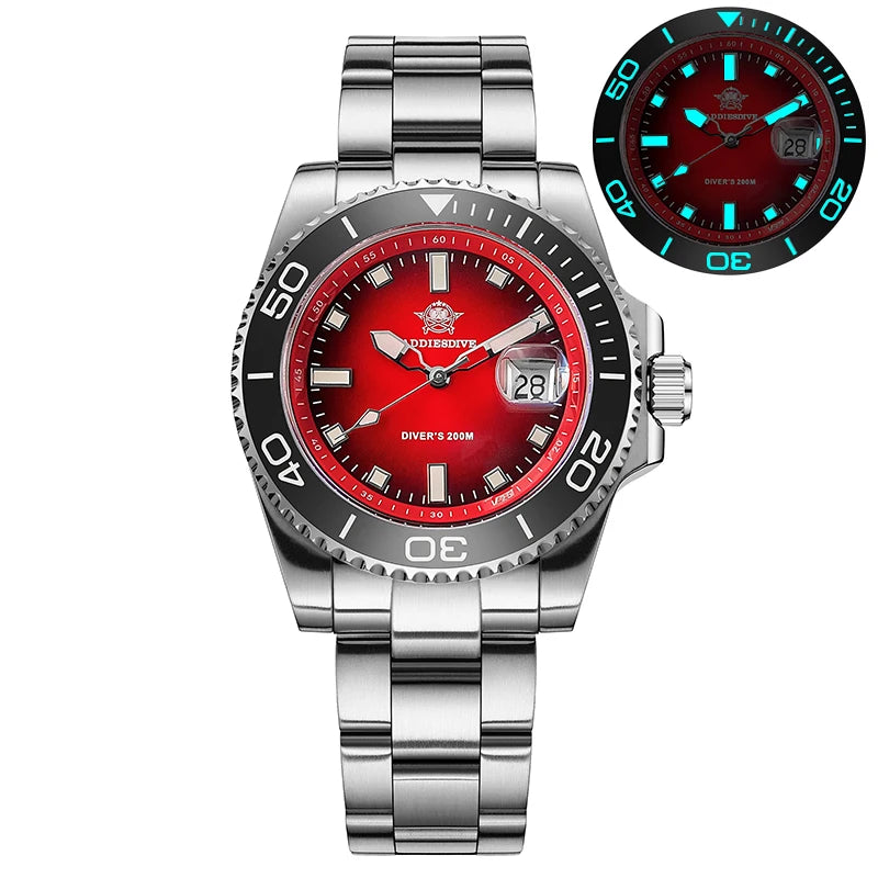 NorthChrono diver's watch with a vibrant red dial, stainless steel bracelet, unidirectional rotating bezel marked from 0 to 60, and date display at 3 o'clock. Features luminous hands and markers for visibility in low light, rated for 200 meters water resistance.