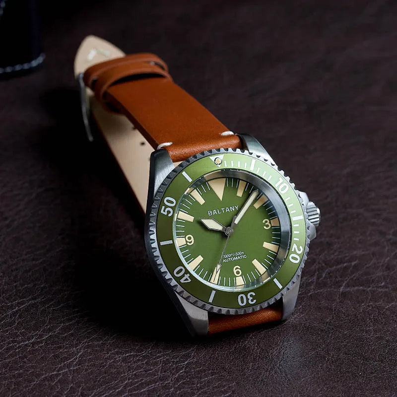 NorthChrono Baltany watch featuring a green dial and bezel, stainless steel case, and brown leather strap. Designed for sporty use with luminous markers for low light visibility, suitable for diving or casual wear.