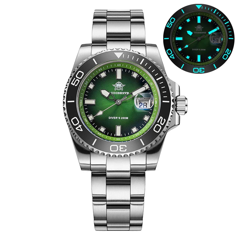 NorthChrono diver's watch with a stainless steel band features a green dial with luminous markers, a date window, and a black bezel with white and green markings, water-resistant to 200 meters; inset image shows low-light visibility.