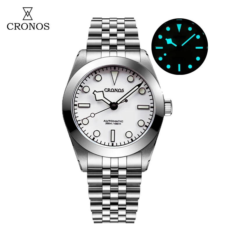 NorthChrono stainless steel watch featuring a white dial with round hour markers, a date display, luminous hands, and a prominent crown. It is paired with a stainless steel bracelet and is likely water-resistant up to 200 meters.