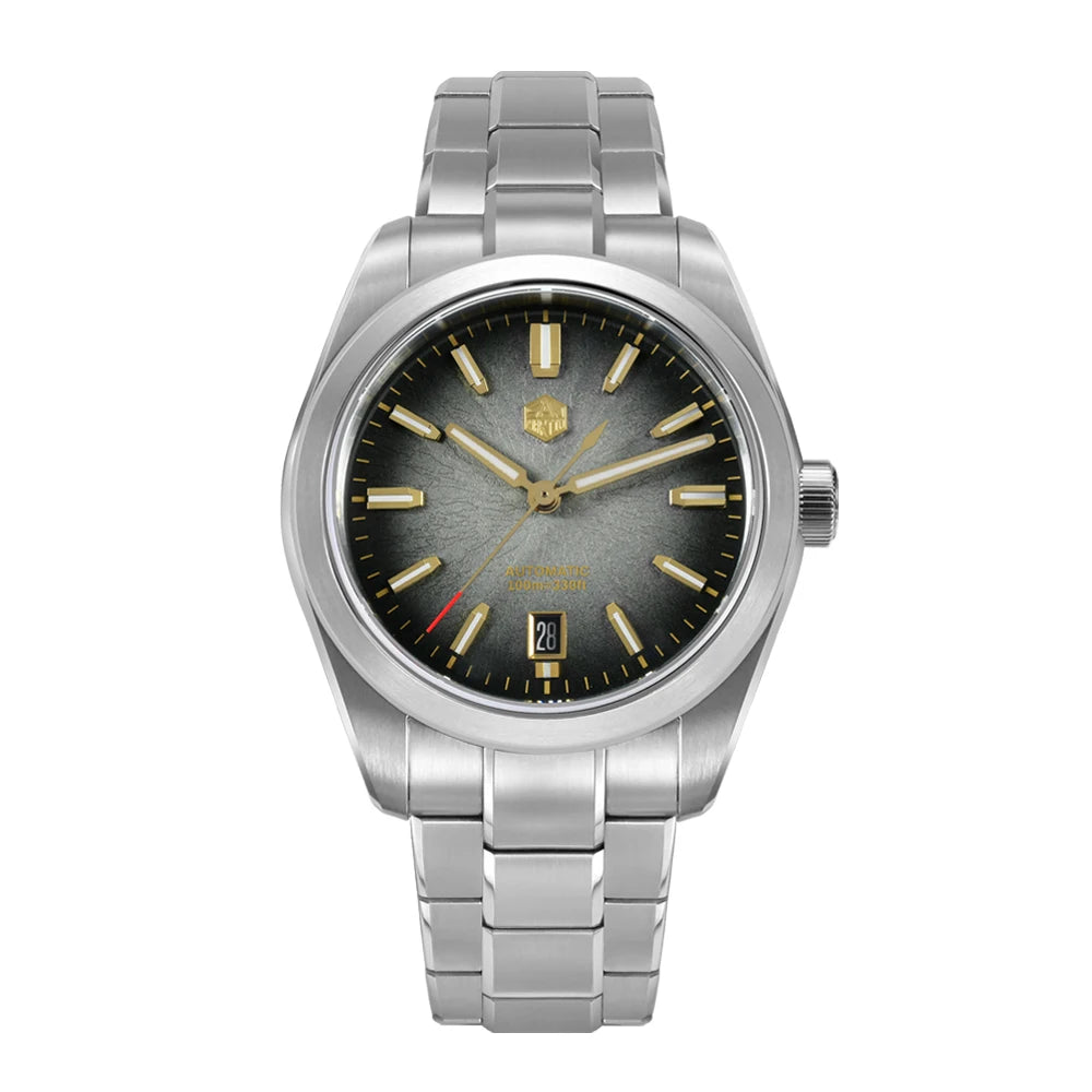 NorthChrono silver stainless steel wristwatch featuring a grayish-black dial with gold-tone hour markers and hands, a date display at the bottom, and a red accent on the second hand. It is mounted on a stainless steel bracelet, suitable for formal or casual wear.