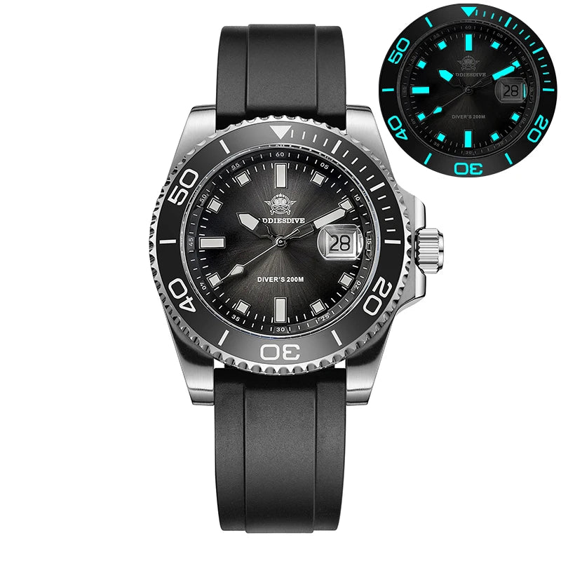NorthChrono diving watch with a black rubber strap and stainless steel case, featuring a black dial with luminous hour markers, date display at 3 o'clock, and rotating bezel. Includes a smaller image of the watch face in dark illumination, labeled "DIVER'S 200M.