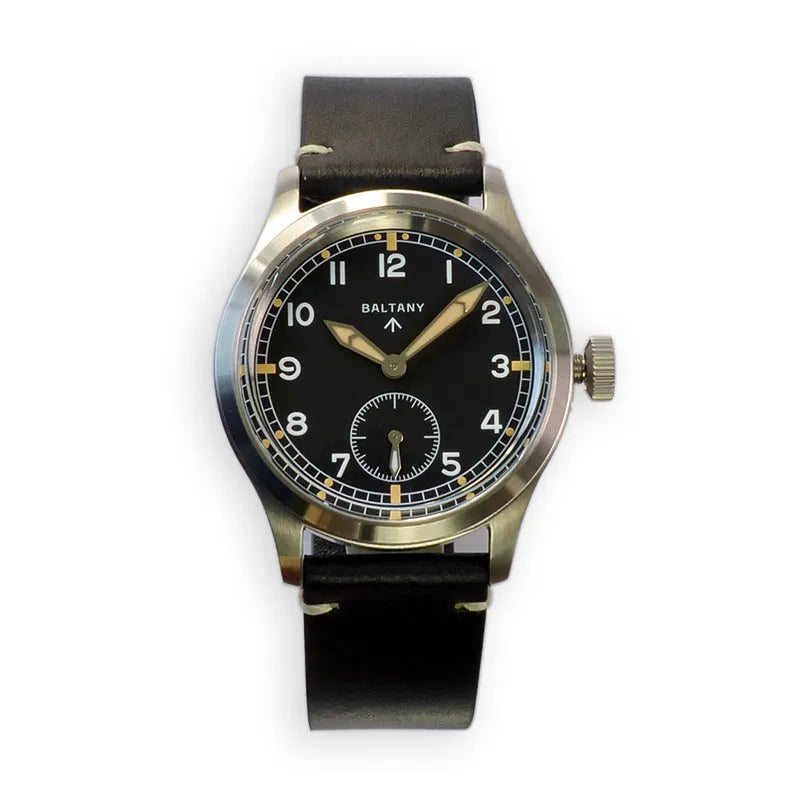 NorthChrono stainless steel watch featuring a black dial with large arabic numerals at 12, 3, 6, and 9 o'clock, a smaller sub-dial at 6, luminous hands, and a black leather strap. Brand name "BALTANY" displayed on the dial.