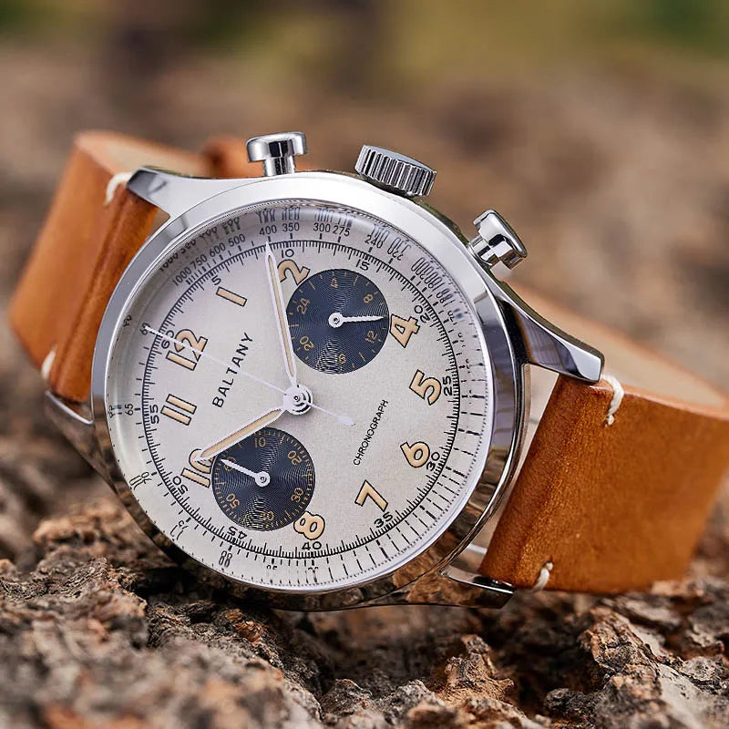 Baltany S5034 cream dial chronograph, warm vintage tones wristshot