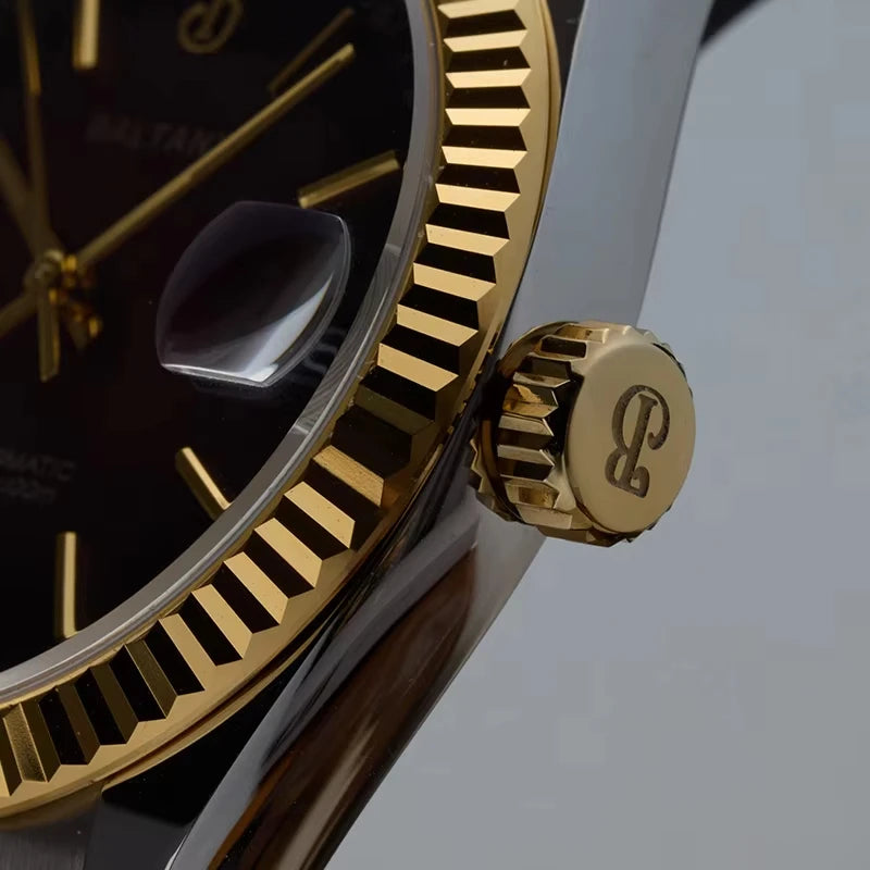 NorthChrono luxury chronograph watch features a black dial with multiple subdials and a date window, set in a gold and silver-tone case with a knurled bezel and prominent crown.