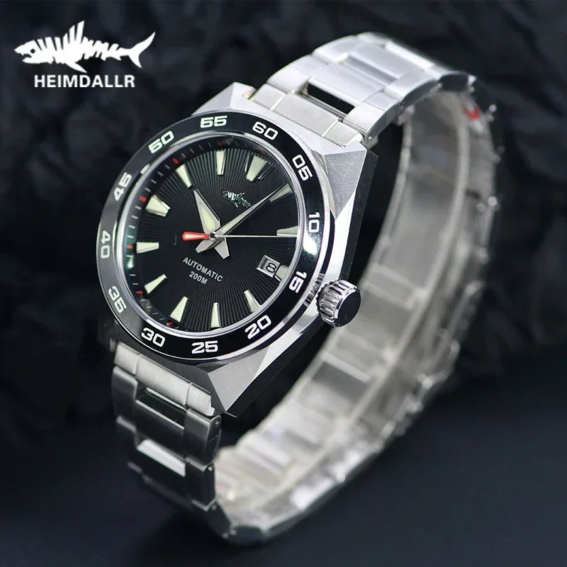NorthChrono stainless steel automatic wristwatch with a black dial, featuring prominent hour markers, a date window, and a red second hand. The sporty design includes a timing bezel and is shown on a male wrist against a dark background.