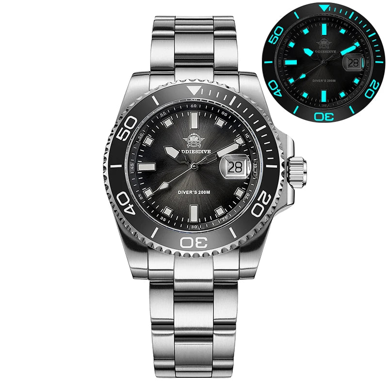 NorthChrono stainless steel dive watch with a black dial, silver-tone hour markers, luminous hands, unidirectional rotating bezel with diving indicators, date window at 3 o'clock, and a sturdy stainless steel bracelet, marked "DIVER 300M.