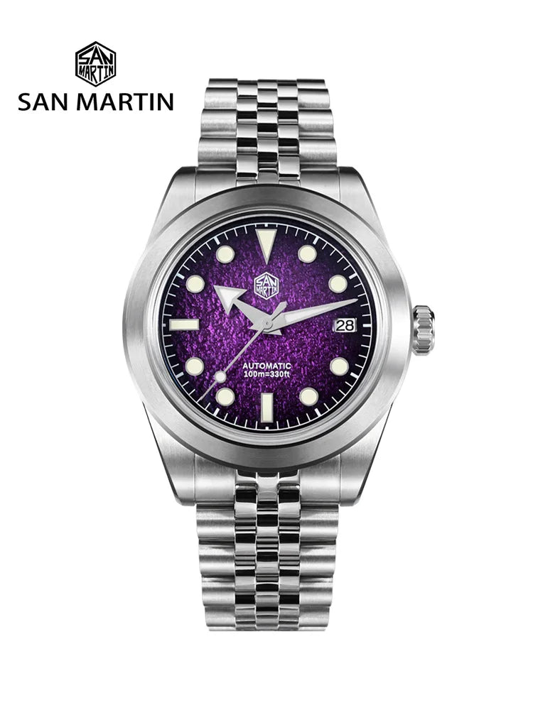 NorthChrono automatic watch featuring a round stainless steel case and bracelet, distinctive purple dial with glowing hour markers and date display at 3 o'clock, water-resistant up to 300 meters.