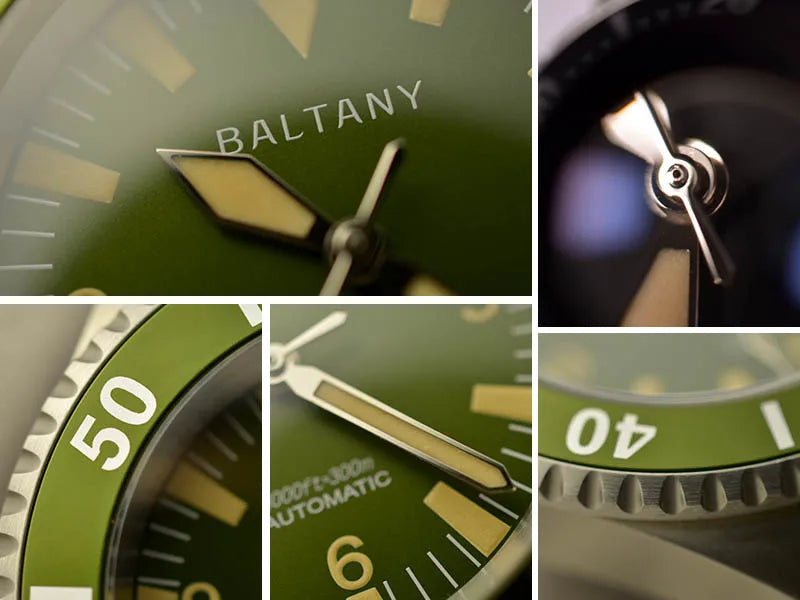 NorthChrono green diving watch with "Baltany" brand name, featuring hour and minute hands, markers, and a rotating bezel with minute and depth indicators. Close-up shots highlight the watch's functional design and detailed craftsmanship.