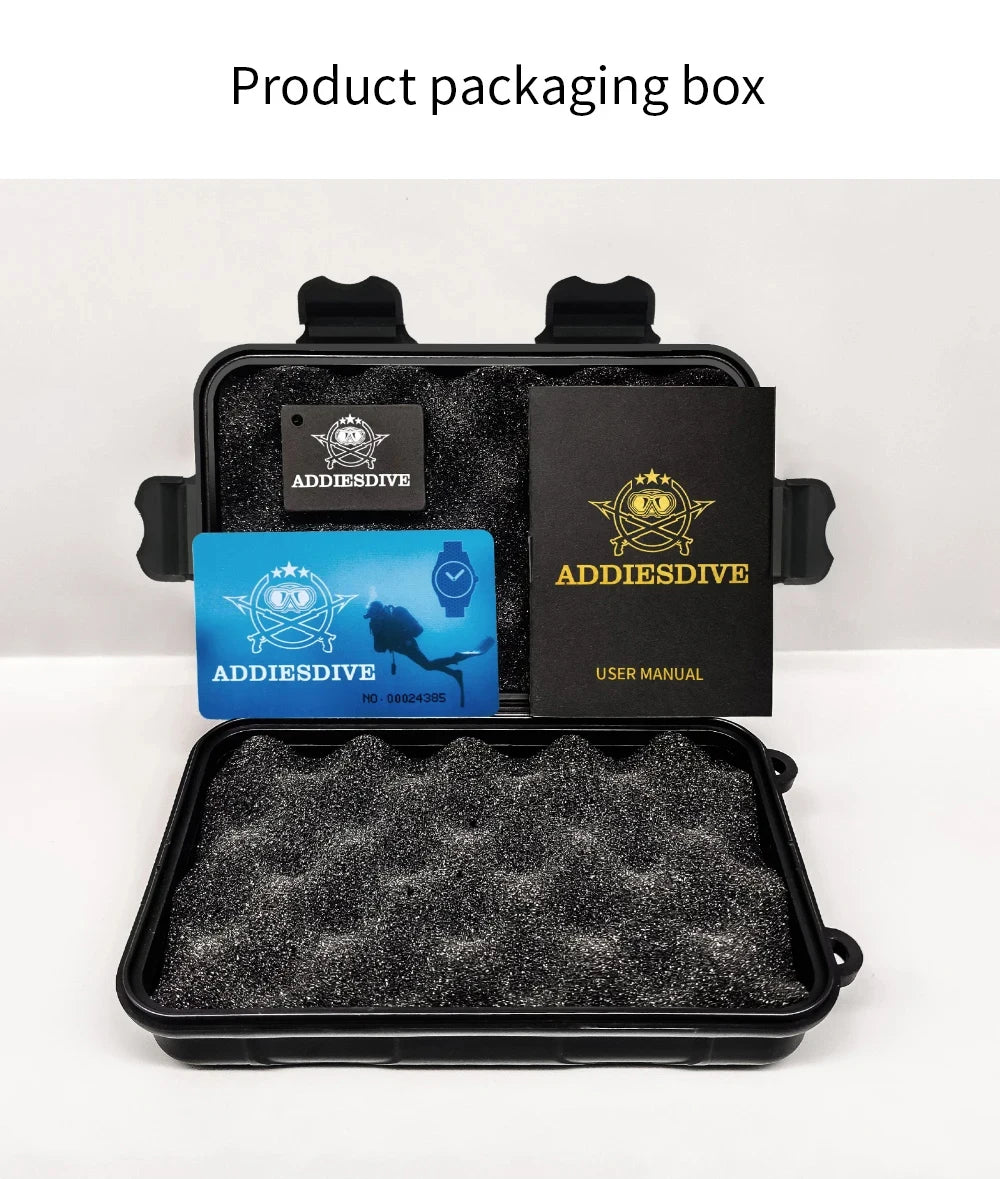 NorthChrono open product packaging box featuring two branded cards and a user manual for ADDIESDIVE. The interior is padded with foam for protection, showcasing a meticulous design tailored for diving enthusiasts.