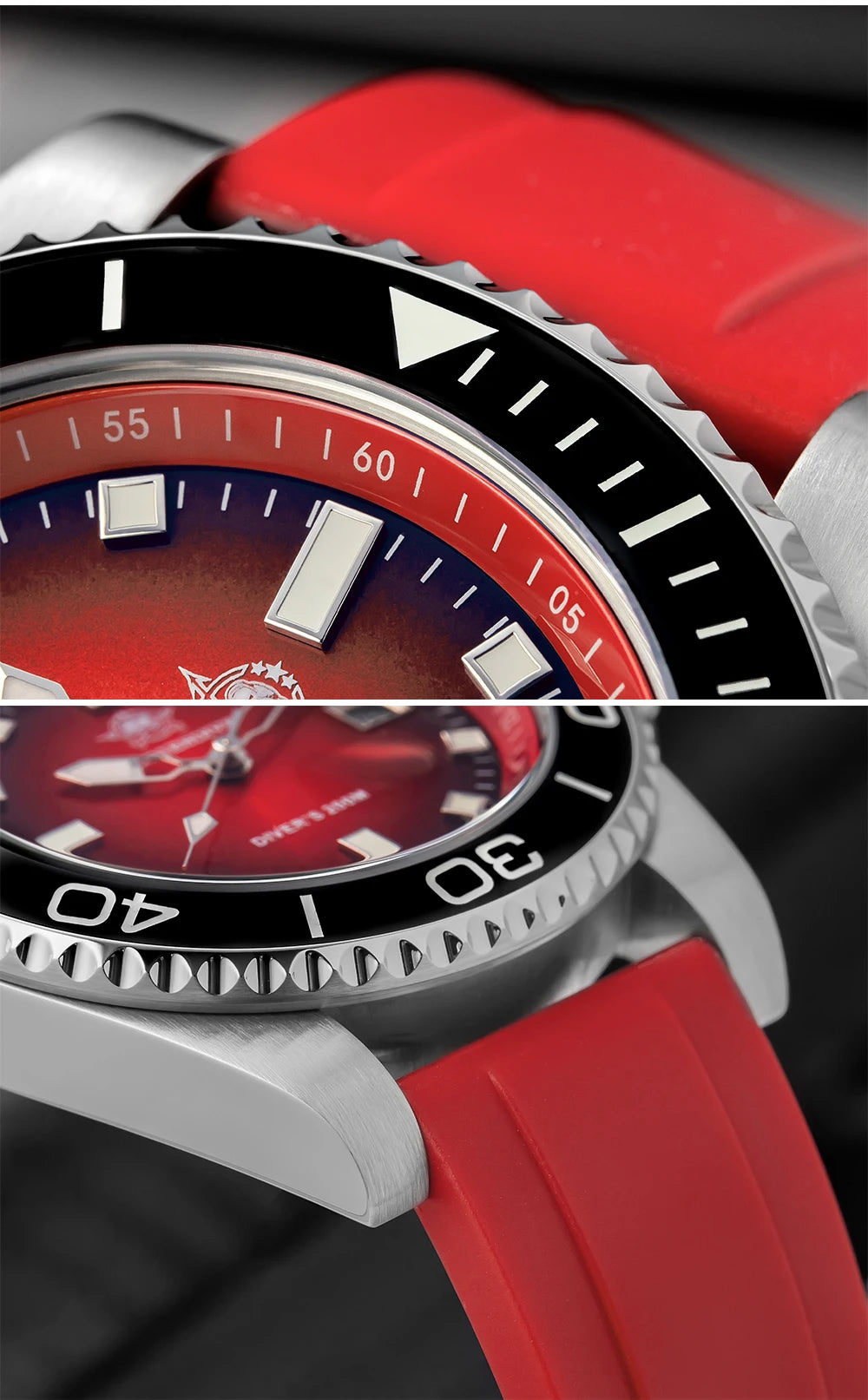 NorthChrono close-up of a sporty watch featuring a red gradient dial with white hour markers, a stainless steel case, black bezel with silver markings, and a red rubber strap, ideal for diving or sports activities.