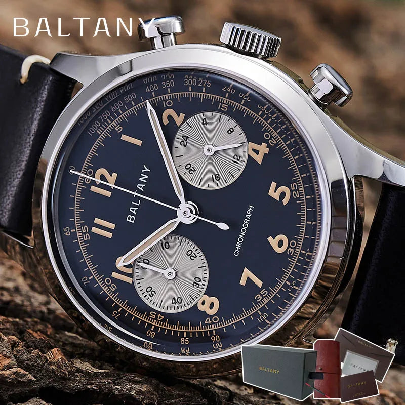 NorthChrono dark blue chronograph wristwatch with stainless steel case, numerical hour markers, two sub-dials, and black leather strap, accompanied by packaging boxes featuring the brand name "BALTAN".