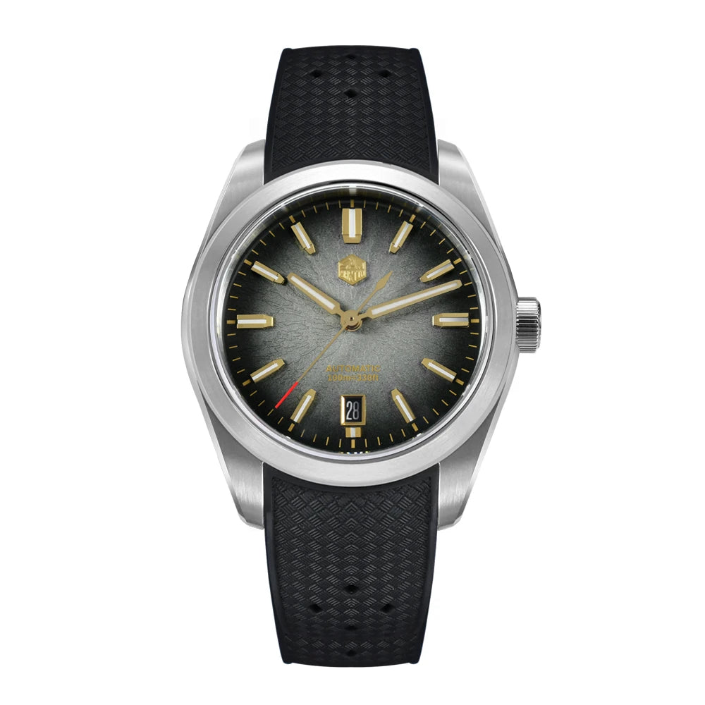 NorthChrono men's watch featuring a stainless steel case and black rubber strap, dark gray dial with gold-tone hour markers and hands, date display at the bottom, and a red indicator near the base, combining classic and sporty design elements.